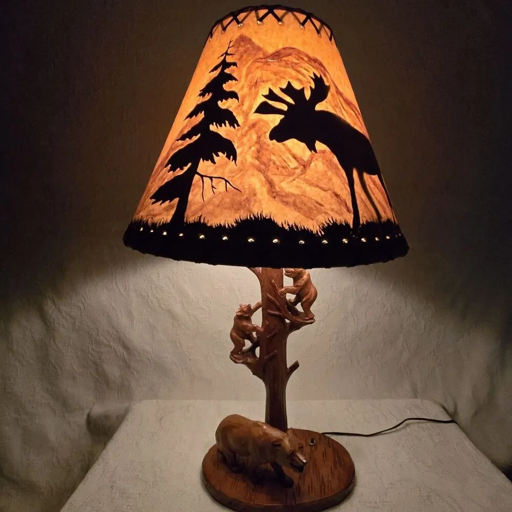 Vintage Black Forest Rustic Hand Carved Bear And Cubs Outdoor Themed Lamp Shade